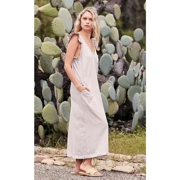 FREE PEOPLE FP BEACH ONCE UPON A SEA MIDI TEE SHIRT RUFFLE SLEEVE DRESS XS - Picture 1 of 8